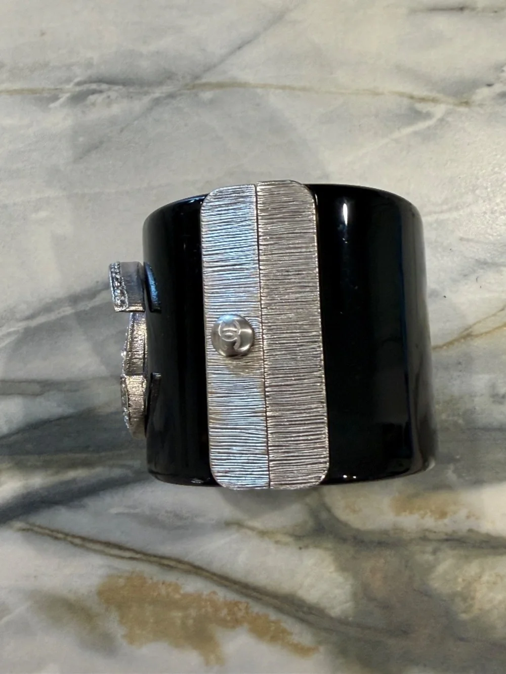 Chanel Black Resin wide cuff bracelet with interlocking CC crystal logo